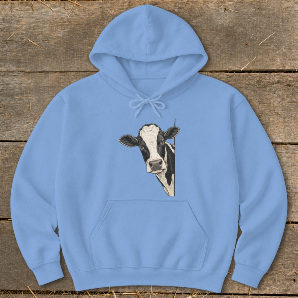 Light blue hoodie with a black and white cow peeking from the side.
