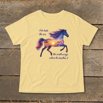 Yellow t-shirt featuring a prancing horse with sunset clouds inside its silhouette and text.