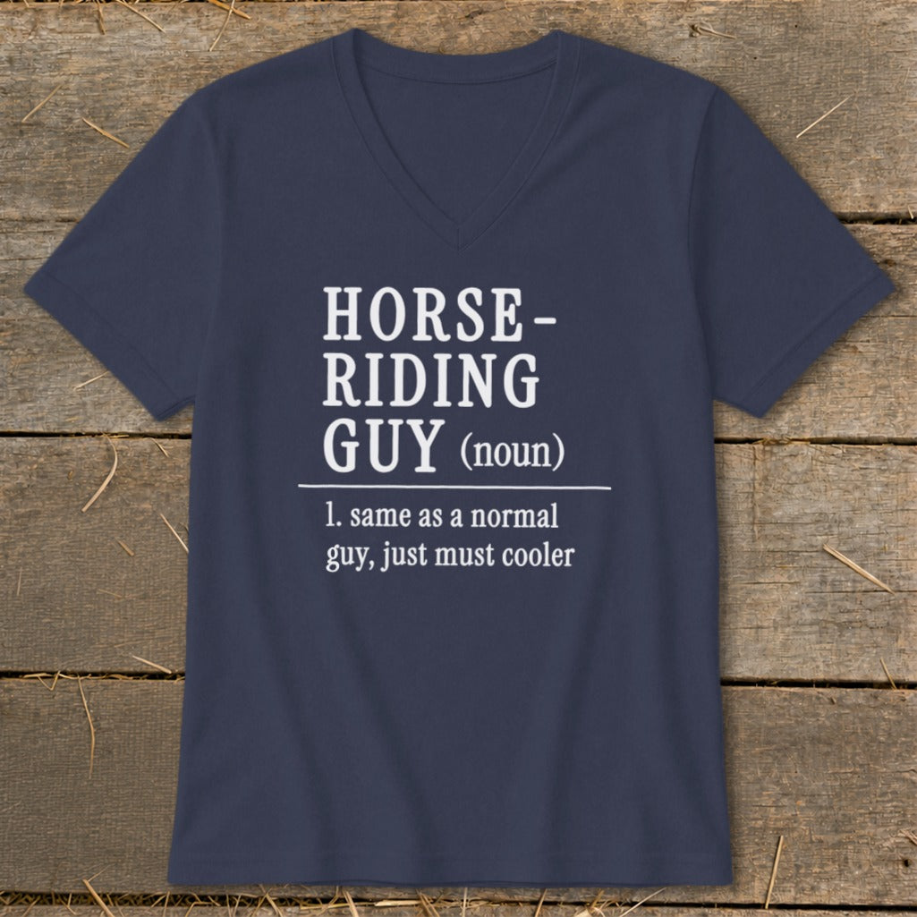 Navy v-neck shirt with "Horse-Riding Guy (noun)" definition.