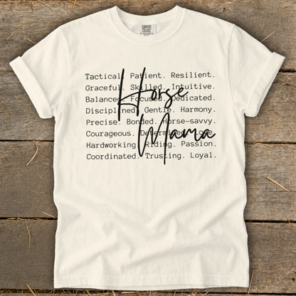 Cream t-shirt with "Horse Mama" and descriptive words in black font.