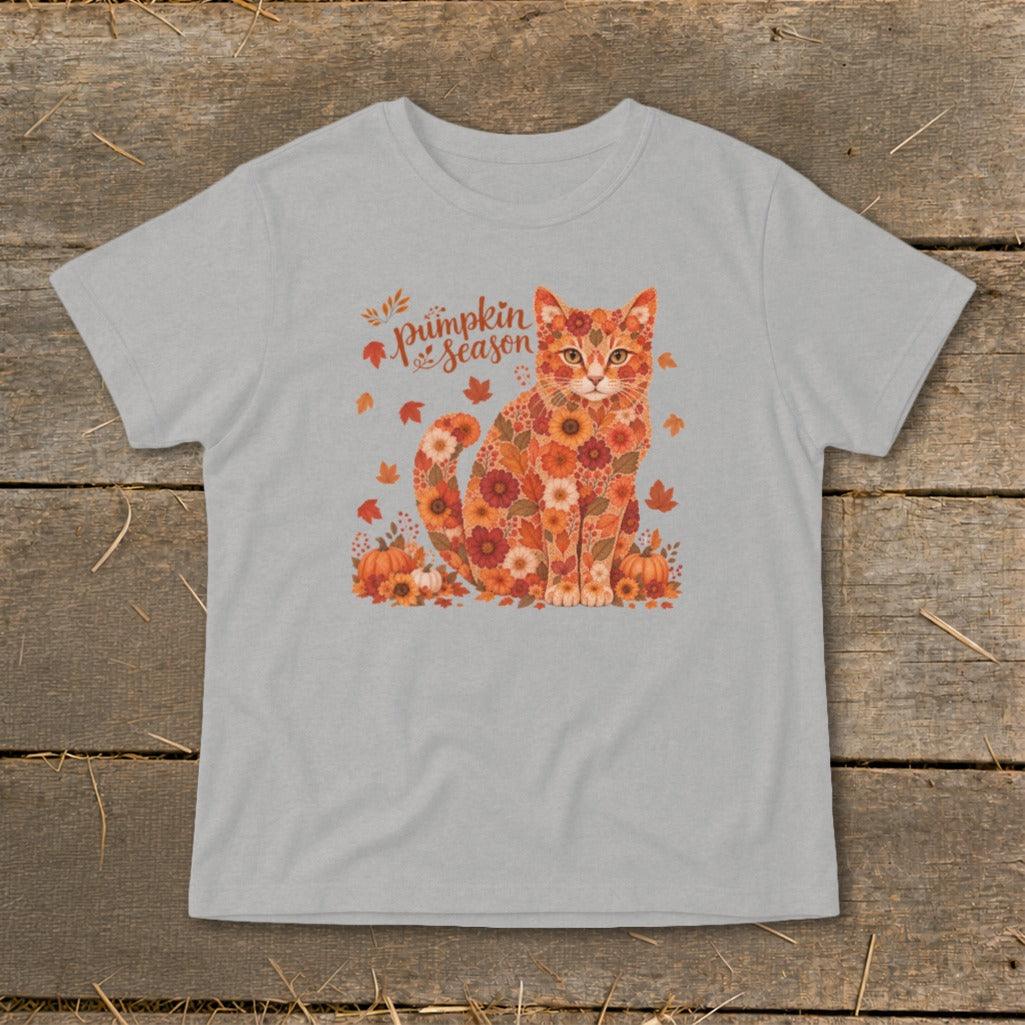 Gray t-shirt with a floral cat design and "pumpkin season" text.