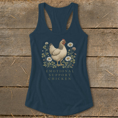 Navy tank top with a chicken and flowers graphic, reading "Emotional Support Chicken."