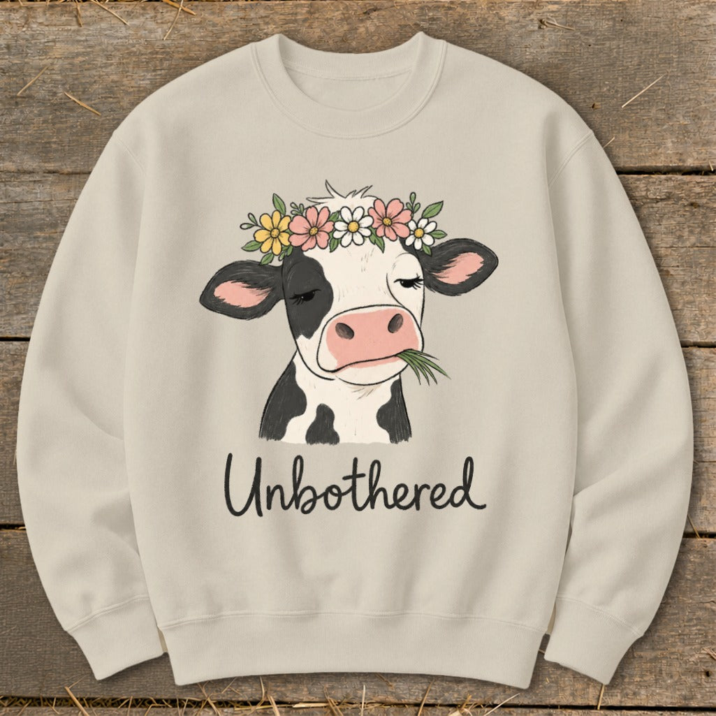 Cream sweatshirt with a cartoon cow wearing a flower crown and eating grass, text says "Unbothered".