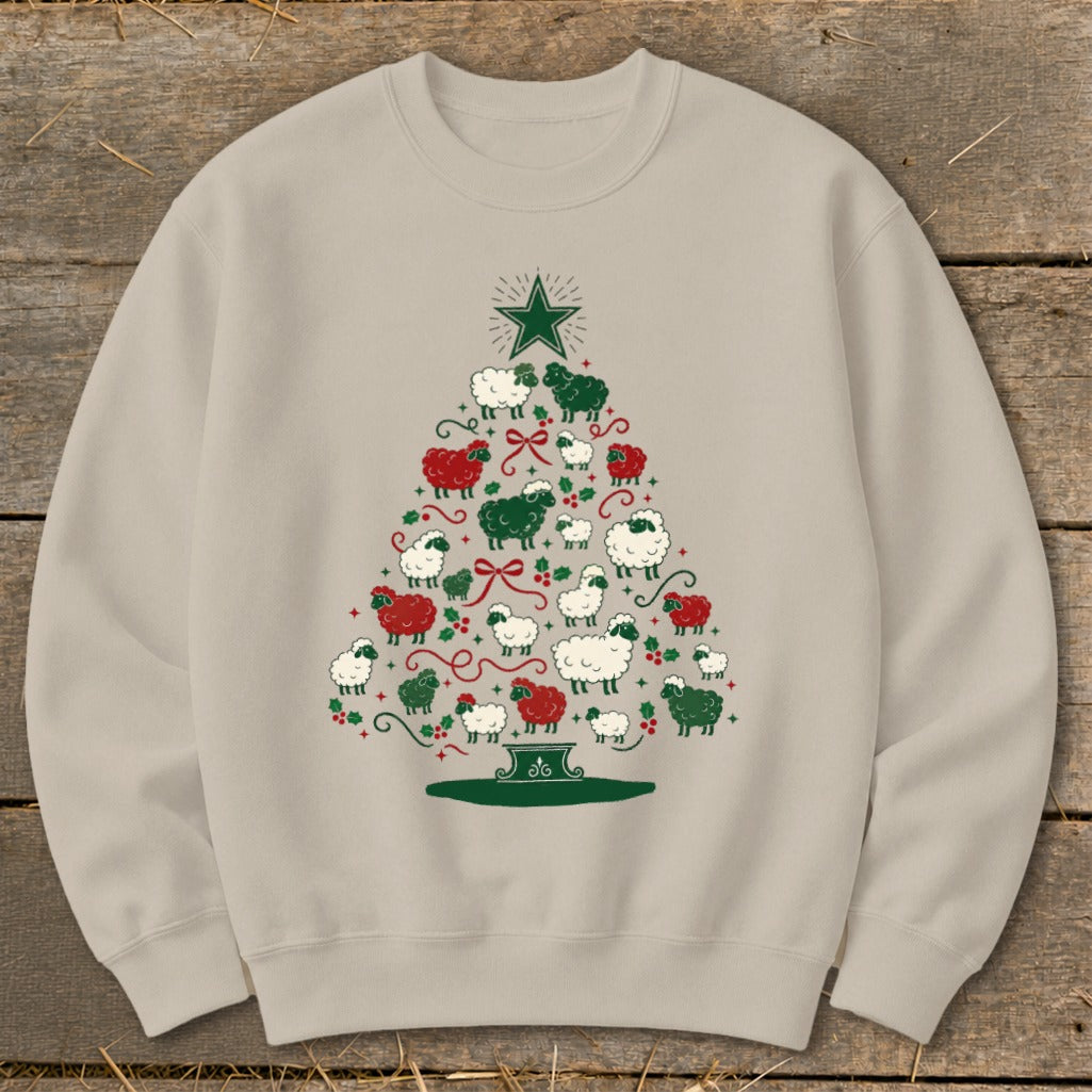 Beige sweatshirt with a Christmas tree design made of white, red, and green sheep.