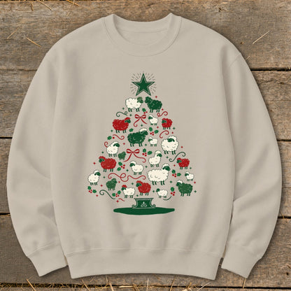 Beige sweatshirt with a Christmas tree design made of white, red, and green sheep.
