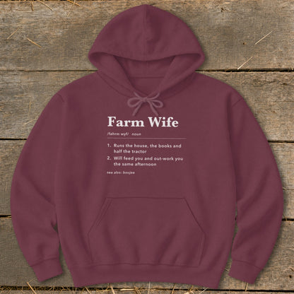 Maroon hoodie with "Farm Wife" definition and humorous descriptions.