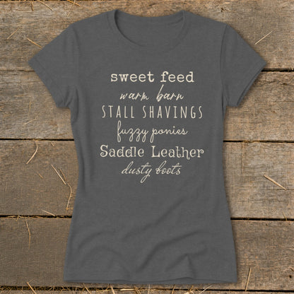 Dark gray t-shirt with text: sweet feed, warm barn, stall shavings, fuzzy ponies, saddle leather, dusty boots.