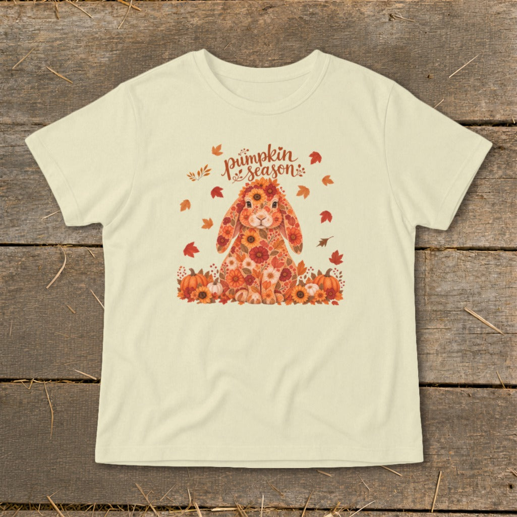 Cream t-shirt with a floral bunny, pumpkins, leaves, and "pumpkin season" text.