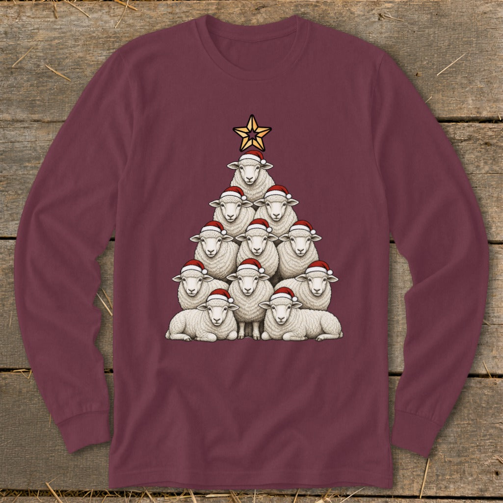 Maroon long-sleeve shirt with sheep arranged as a Christmas tree wearing Santa hats.