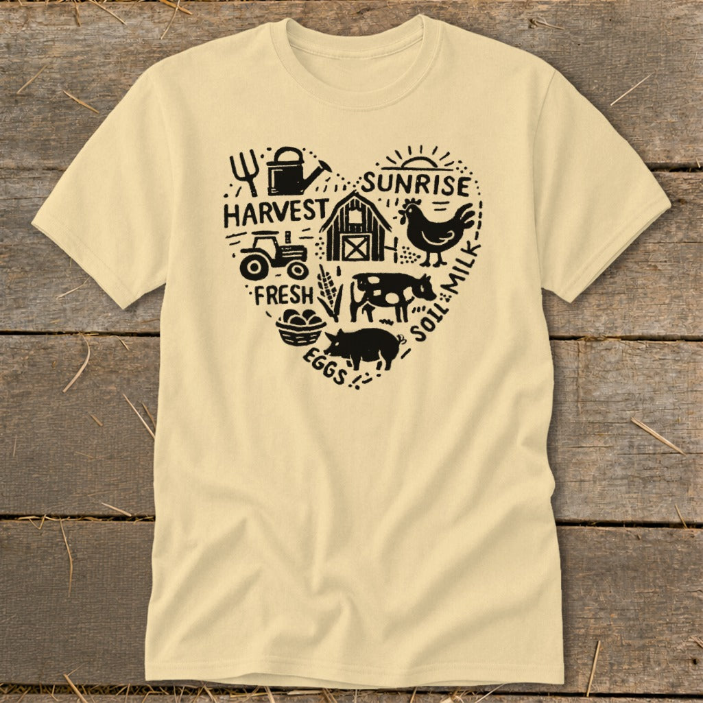 Cream t-shirt with a black heart graphic featuring farm icons and text.