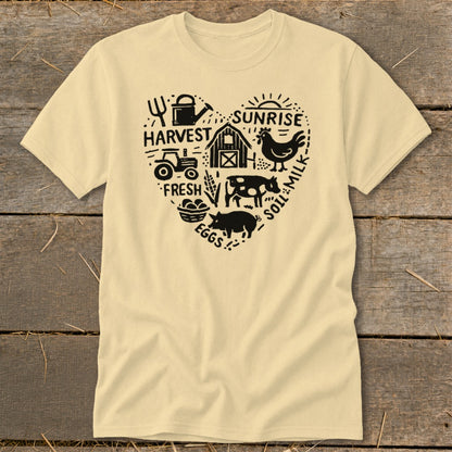 Cream t-shirt with a black heart graphic featuring farm icons and text.