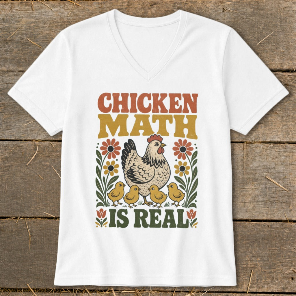 White t-shirt with "CHICKEN MATH IS REAL" text, a hen, and chicks.