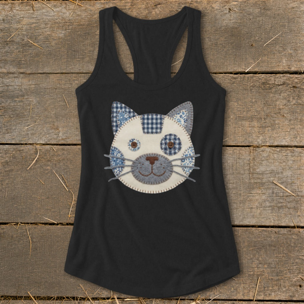 Black racerback tank top with a patchwork cat face applique.