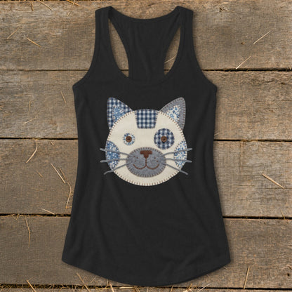 Black racerback tank top with a patchwork cat face applique.