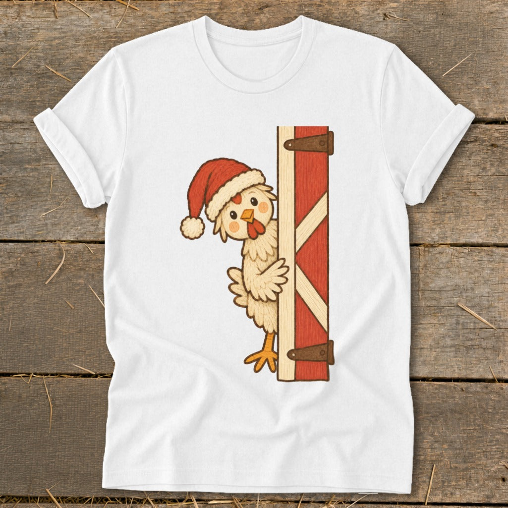 Cartoon chicken wearing a Santa hat peeks around a red barn door.