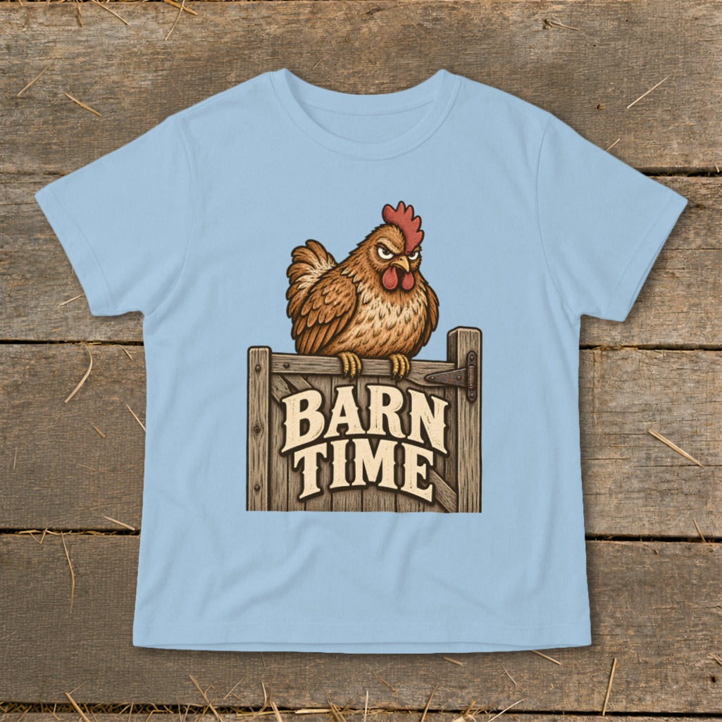 Light blue t-shirt with a cartoon chicken on a barn door labeled "BARN TIME."