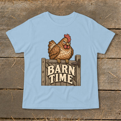 Light blue t-shirt with a cartoon chicken on a barn door labeled "BARN TIME."