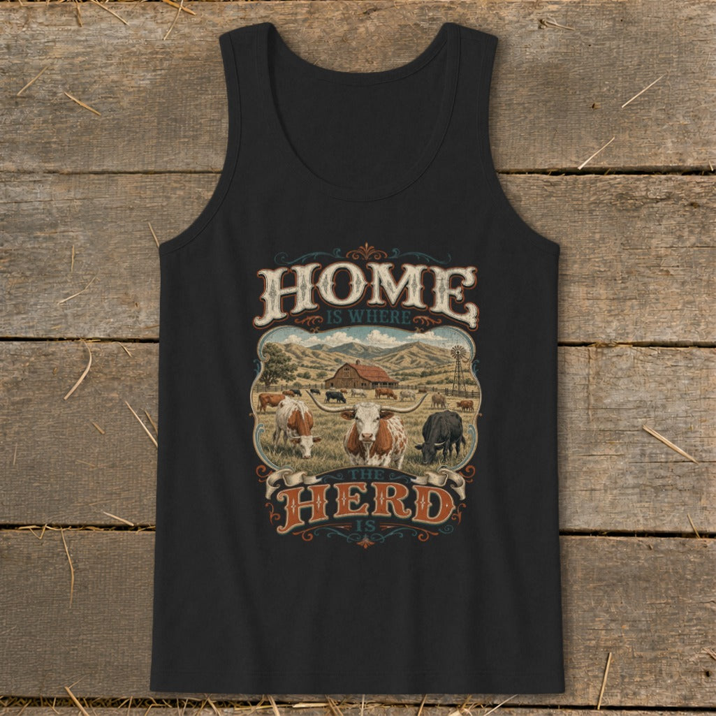 Black tank top with "Home is Where the Herd Is" graphic featuring cattle and a barn.