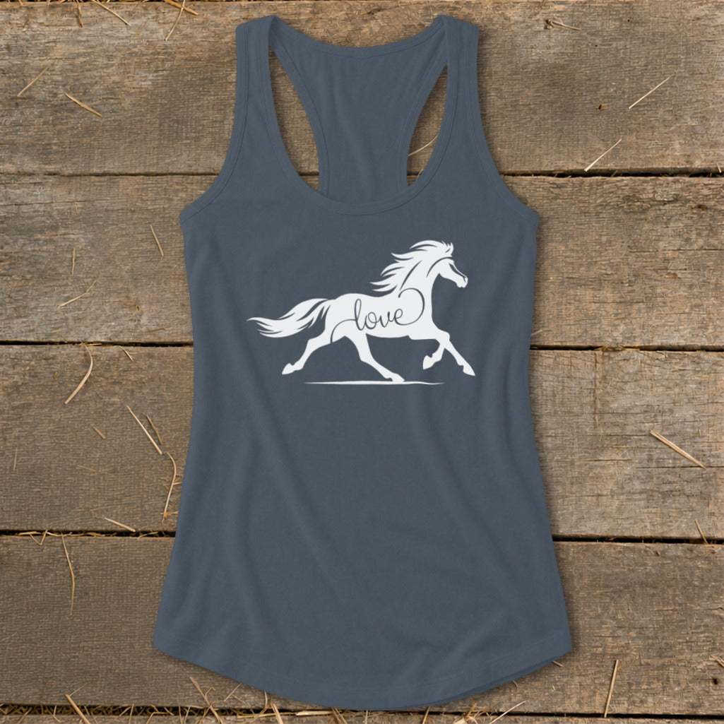 Tank top with white running horse graphic and "love" text.