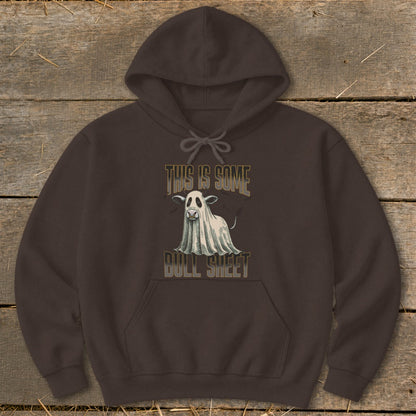 Brown hoodie with ghost cow graphic and text: "This is Some Bull Sheet".