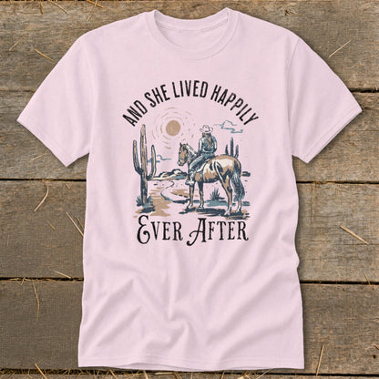 Cowgirl on horseback in desert landscape, "And She Lived Happily Ever After".