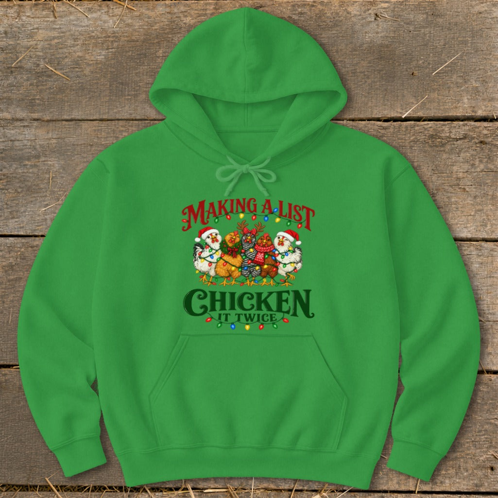 Green hoodie with Christmas chickens making a list and checking it twice.