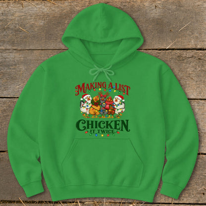 Green hoodie with Christmas chickens making a list and checking it twice.