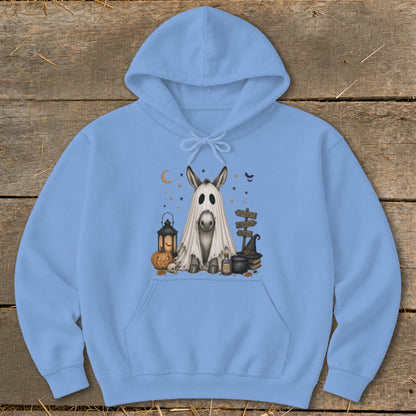 Light blue hoodie with a Halloween donkey ghost graphic featuring a pumpkin, lantern, and spooky signs.