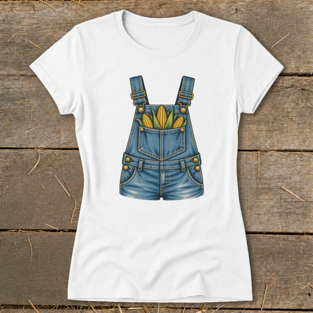 White t-shirt with a denim overalls graphic featuring corn cobs in the pocket.