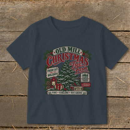 Christmas Tree Farm graphic with text "Old Mill Christmas Tree Farm" and festive details.