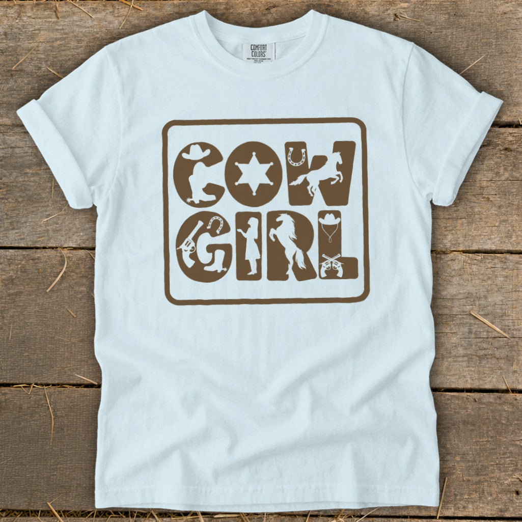 White t-shirt with brown "COW GIRL" text and western-themed graphics.