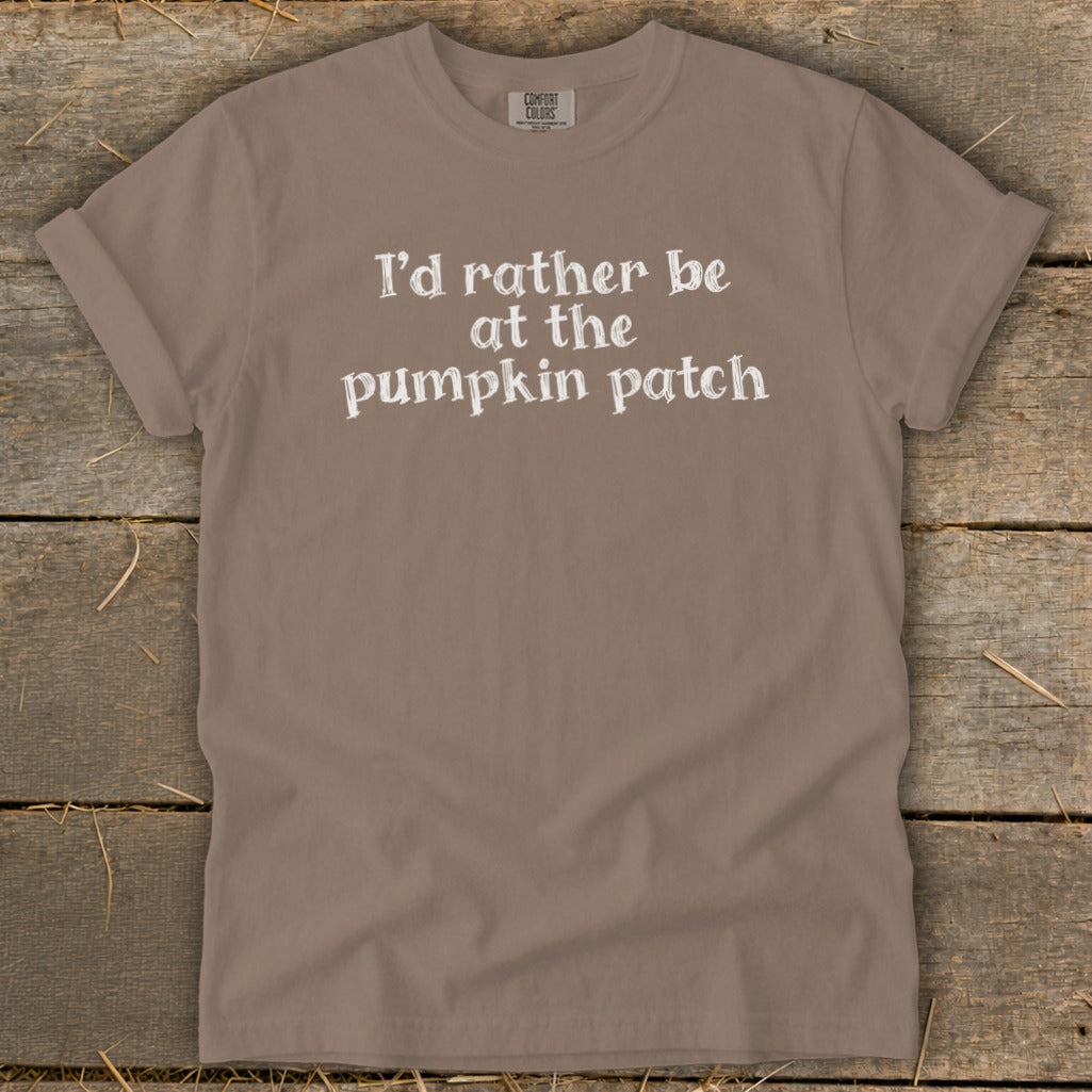Tan Comfort Colors t-shirt with white text "I'd rather be at the pumpkin patch".