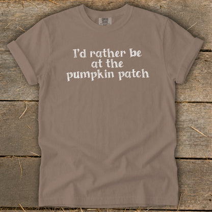 Tan Comfort Colors t-shirt with white text "I'd rather be at the pumpkin patch".