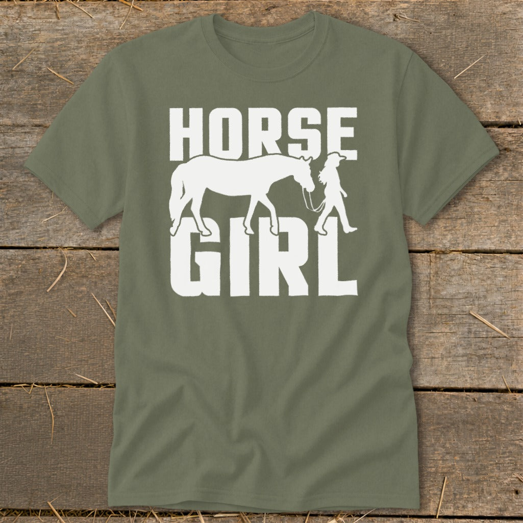 Olive green t-shirt with white text and graphic of a horse and rider.