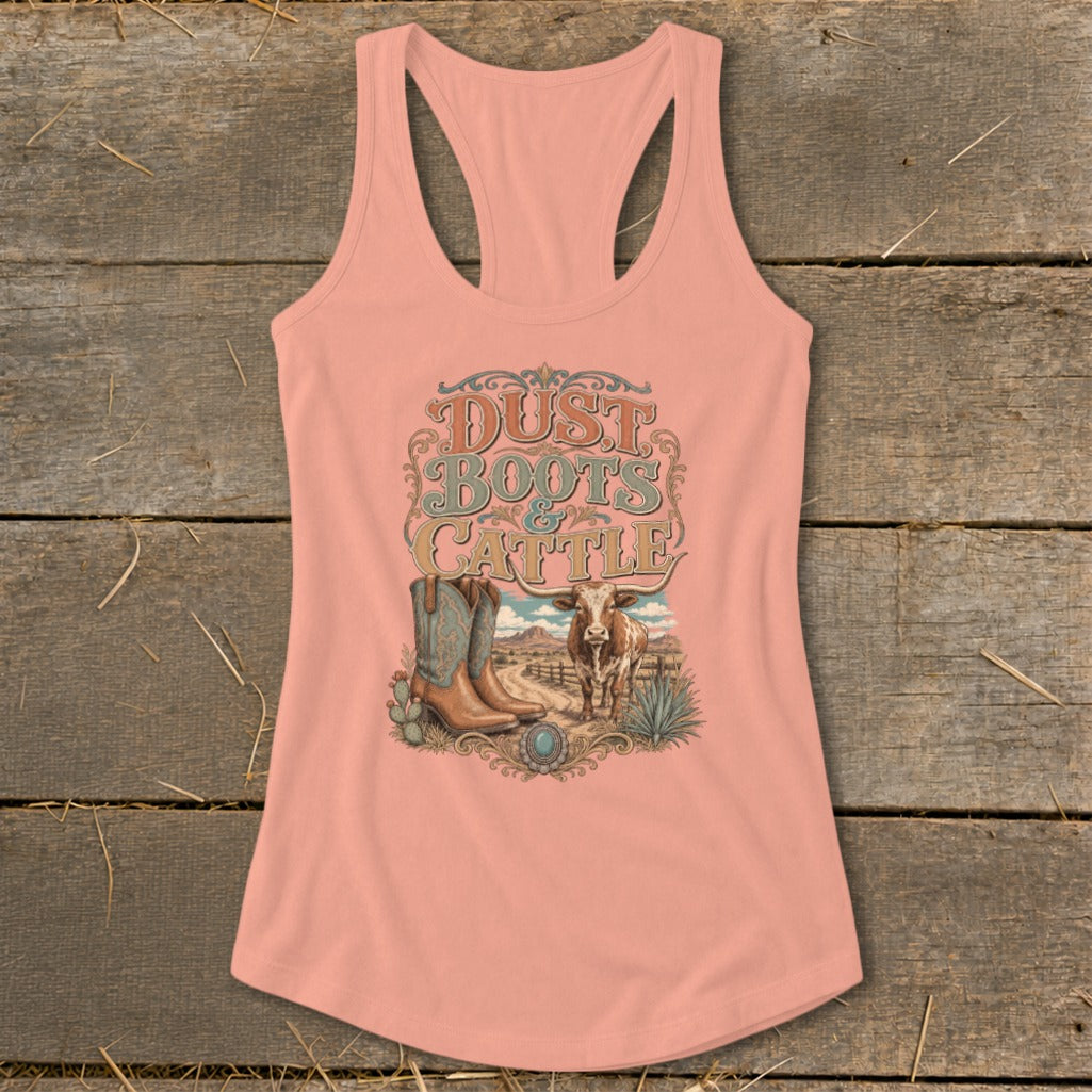 Pink tank top with "Dust Boots & Cattle" graphic, boots, and cow.