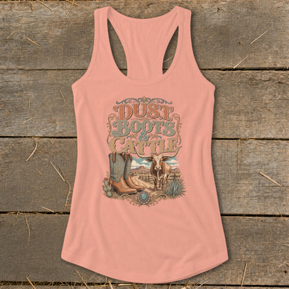Pink tank top with "Dust Boots & Cattle" graphic, boots, and cow.