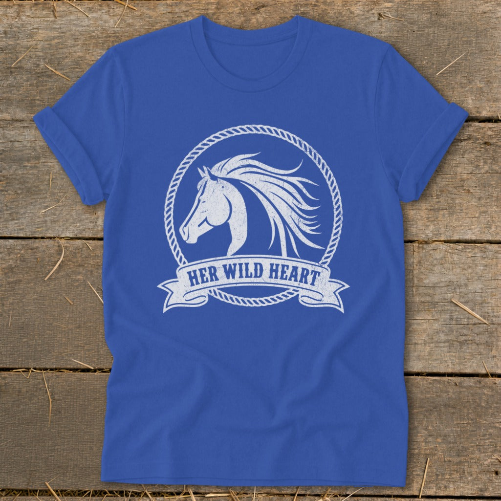 Blue t-shirt with white graphic of horse head inside rope circle and text "HER WILD HEART".