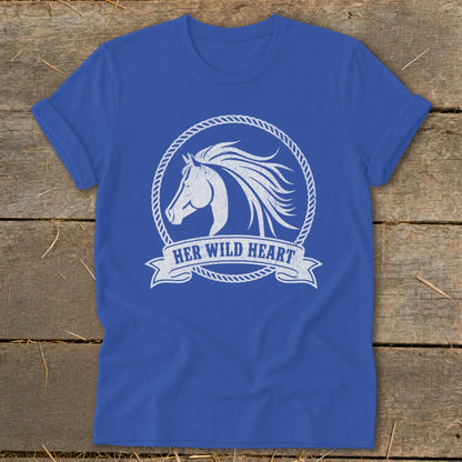 Blue t-shirt with white graphic of horse head inside rope circle and text "HER WILD HEART".