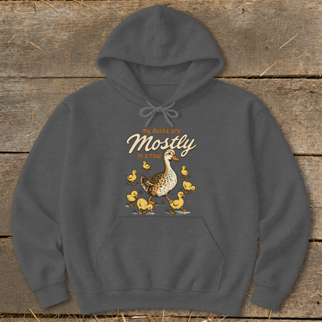 Charcoal hoodie with "my ducks are Mostly in a row" text and a duck with ducklings.