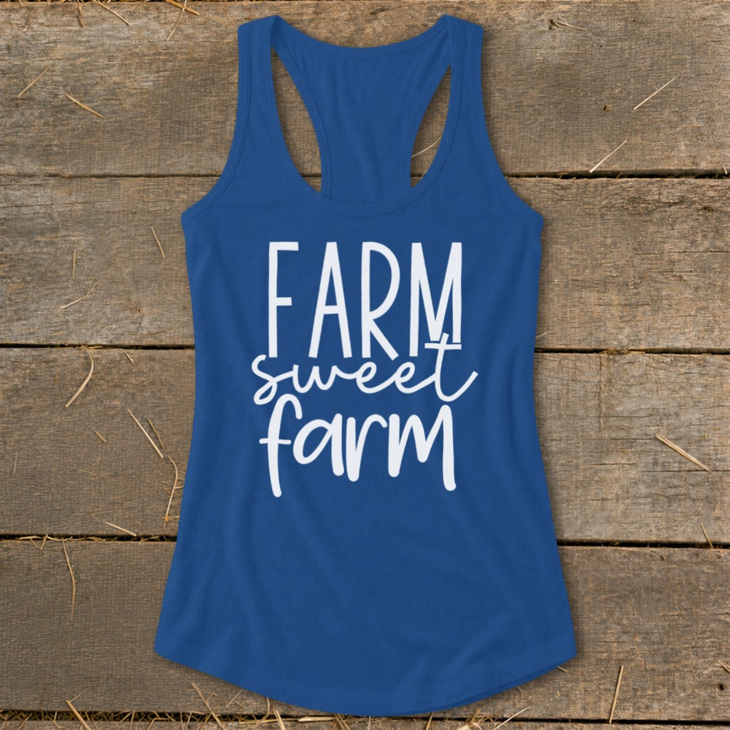 Blue tank top with white text that reads "FARM sweet farm".