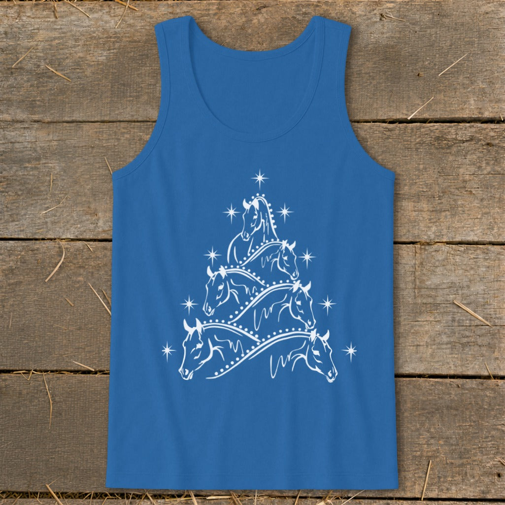 Blue tank top with white Christmas tree made of horses and stars.