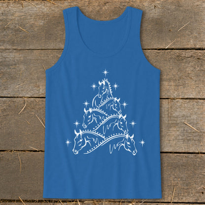 Blue tank top with white Christmas tree made of horses and stars.