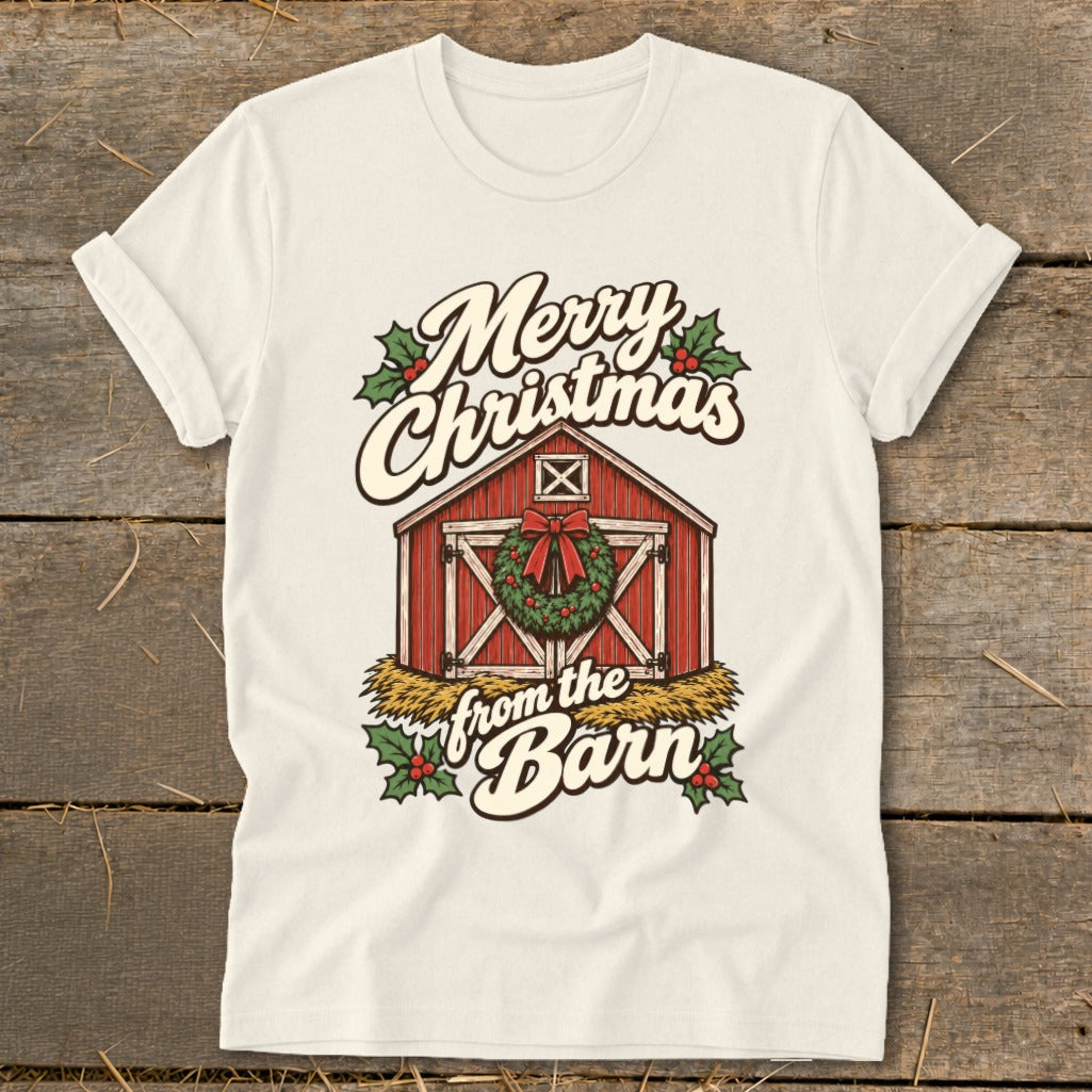 T-shirt with "Merry Christmas from the Barn" text over a red barn and wreath.