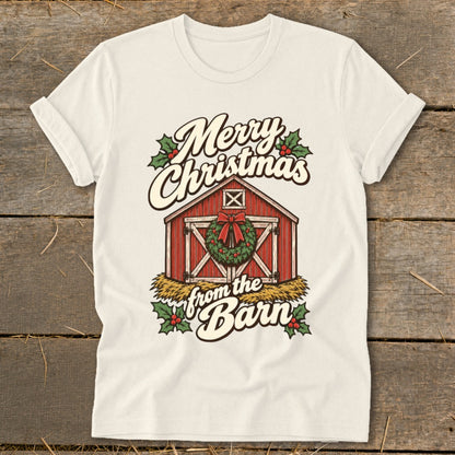 T-shirt with "Merry Christmas from the Barn" text over a red barn and wreath.