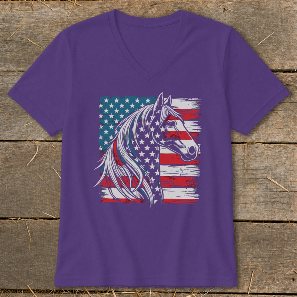 Purple v-neck t-shirt with American flag horse graphic on the front.