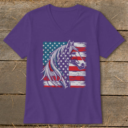 Purple v-neck t-shirt with American flag horse graphic on the front.