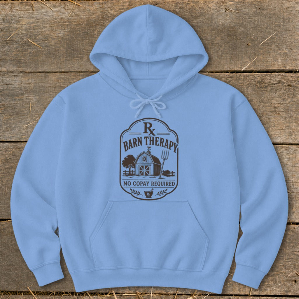 Light blue hoodie with a "Barn Therapy" Rx graphic and "No Copay Required" text.