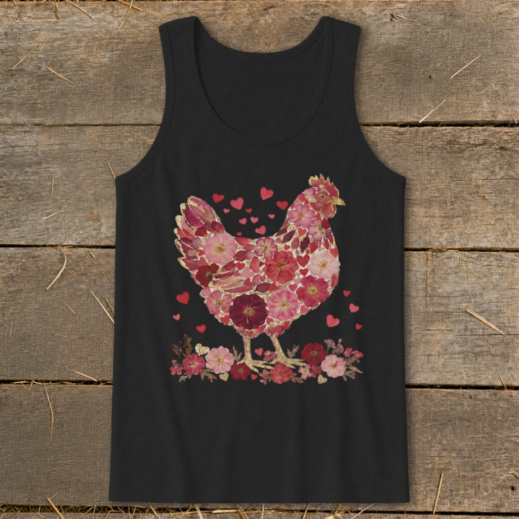 Black tank top with a chicken design made of pink and red flowers and hearts.