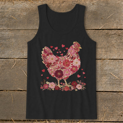 Black tank top with a chicken design made of pink and red flowers and hearts.
