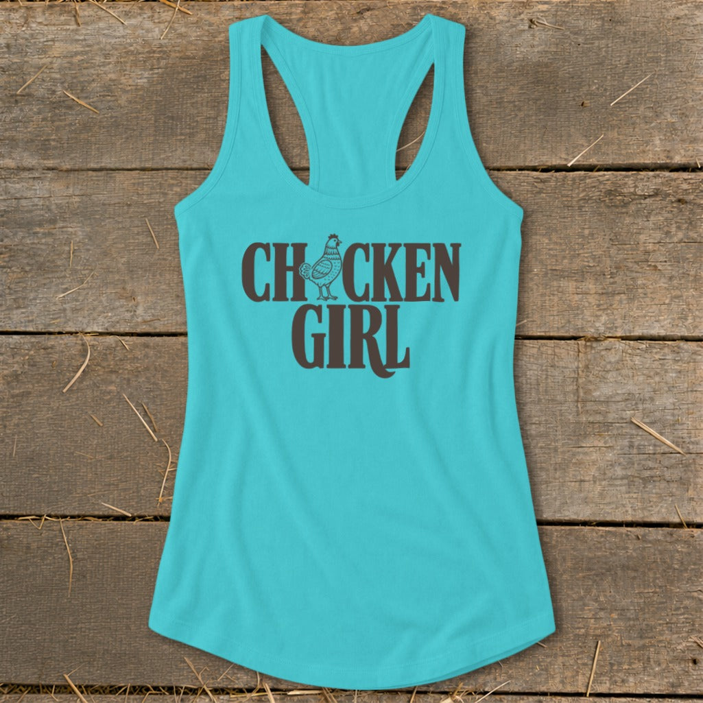 Turquoise tank top with "Chicken Girl" text and a chicken graphic.